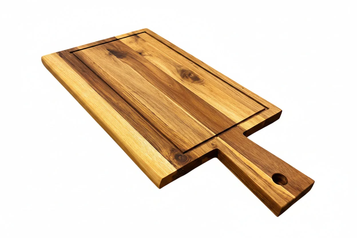 Detail van ingefreesde handgreep in houten borrelplank